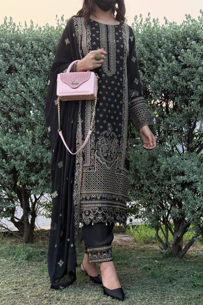 Embroidered Black Chiffon 3-Piece With Dupatta Dress - Image 2