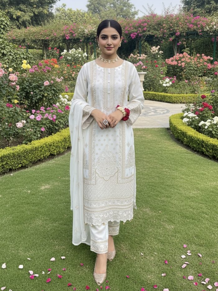 Embroidered Off White Chiffon 3-Piece With Dupatta Dress