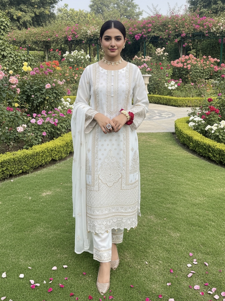 Embroidered Off White Chiffon 3-Piece With Dupatta Dress