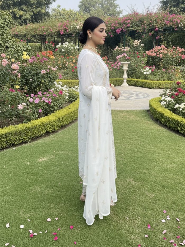 Embroidered Off White Chiffon 3-Piece With Dupatta Dress - Image 3