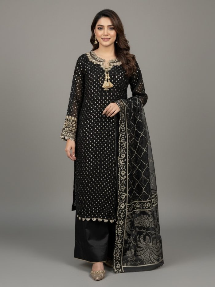 Embroidered Crinkle Chiffon Full Heavy Shirt With Plazo