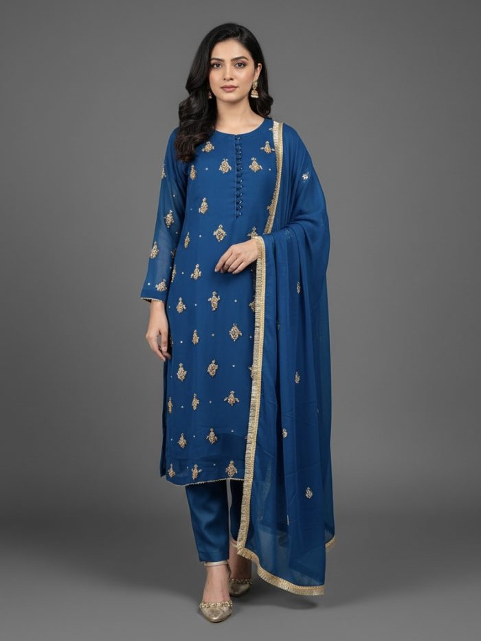 Embroidered Crinkle Chiffon 3-Piece Dress
