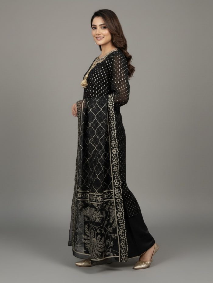 Embroidered Crinkle Chiffon Full Heavy Shirt With Plazo - Image 2