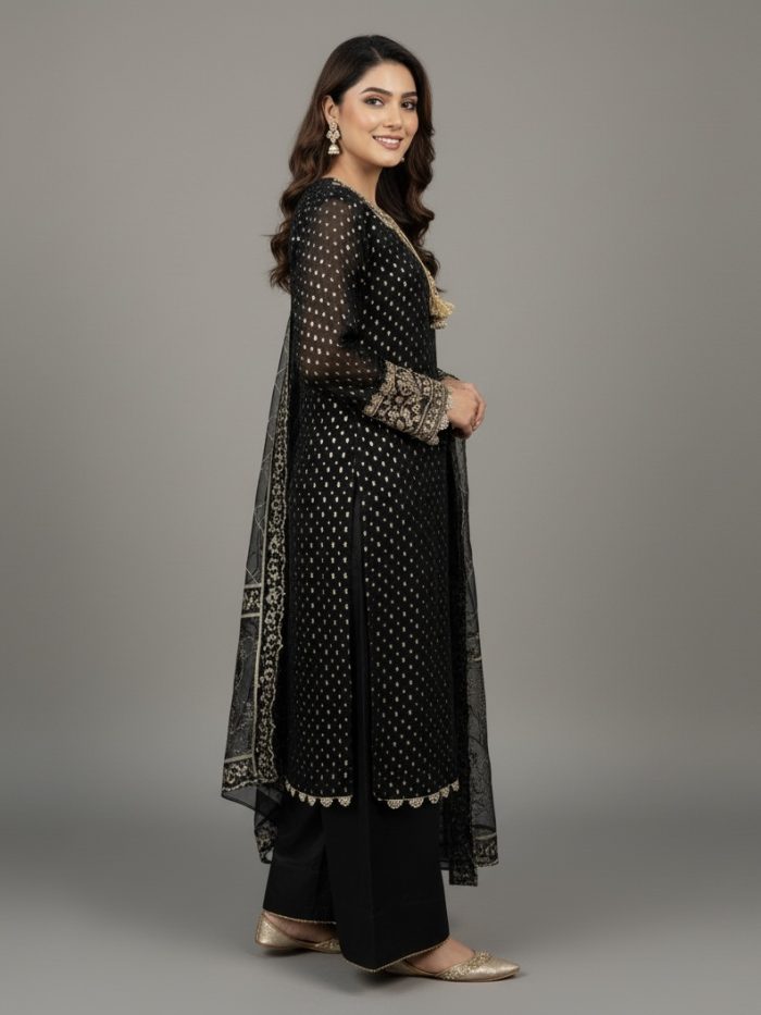 Embroidered Crinkle Chiffon Full Heavy Shirt With Plazo - Image 3