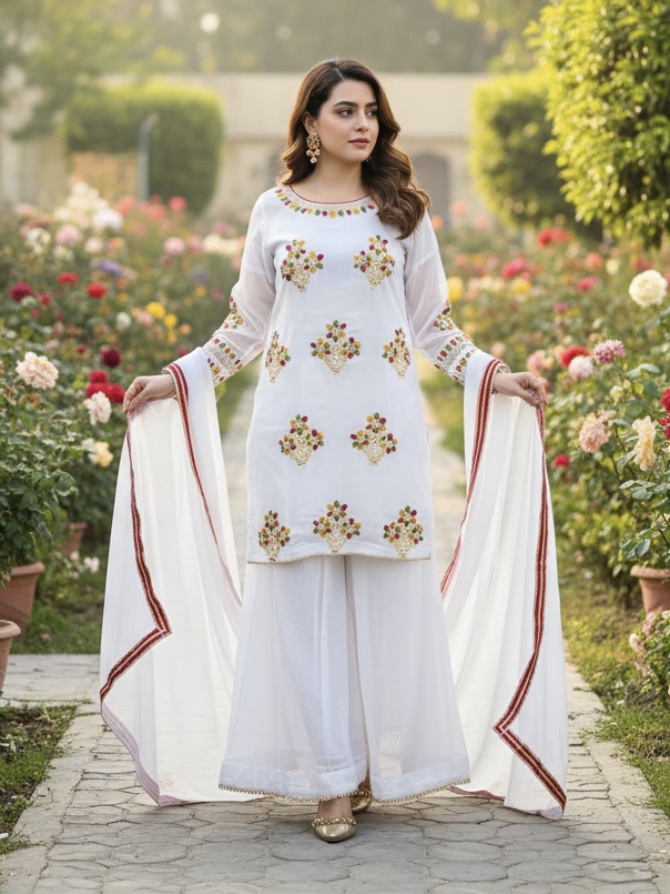 Embroidered Chiffon 3-Piece Dress with full circle umbrella plazo