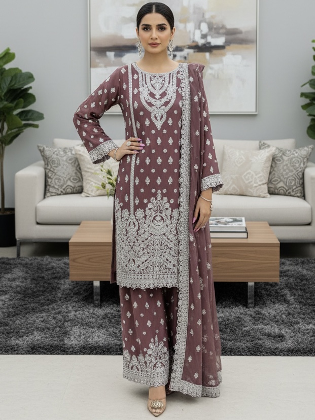 Embroidered Crinkle Chiffon 3-Piece