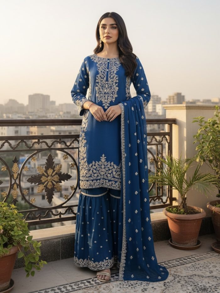 Embroidered Crinkle Chiffon 3-Piece Sharara Dress