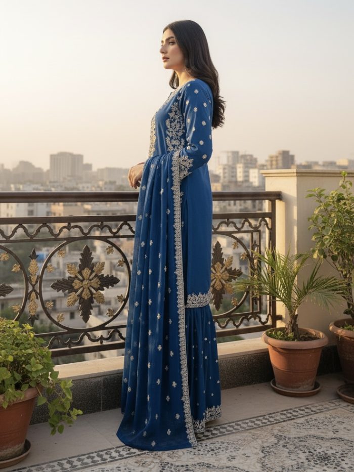 Embroidered Crinkle Chiffon 3-Piece Sharara Dress - Image 2
