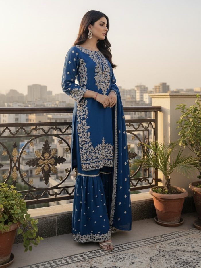 Embroidered Crinkle Chiffon 3-Piece Sharara Dress - Image 3