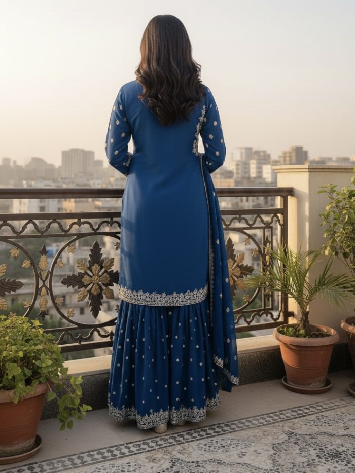 Embroidered Crinkle Chiffon 3-Piece Sharara Dress - Image 4