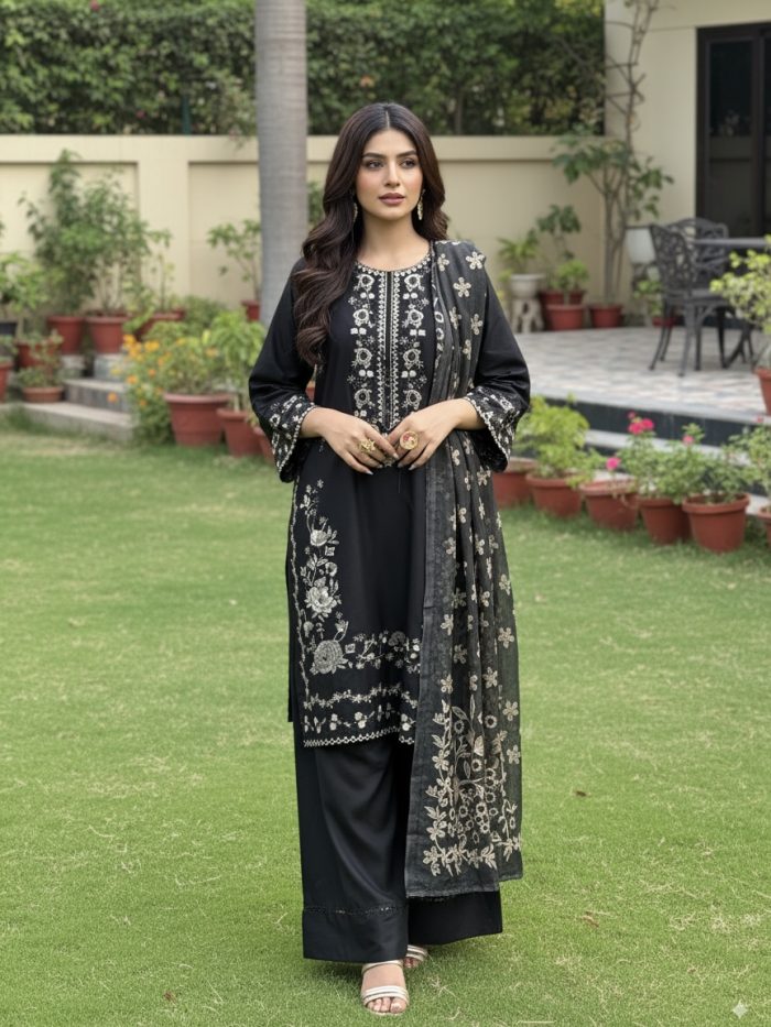 Floral Embroidered 3-Piece Cotton Dress