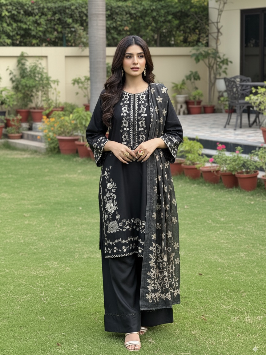 Floral Embroidered 3-Piece Cotton Dress