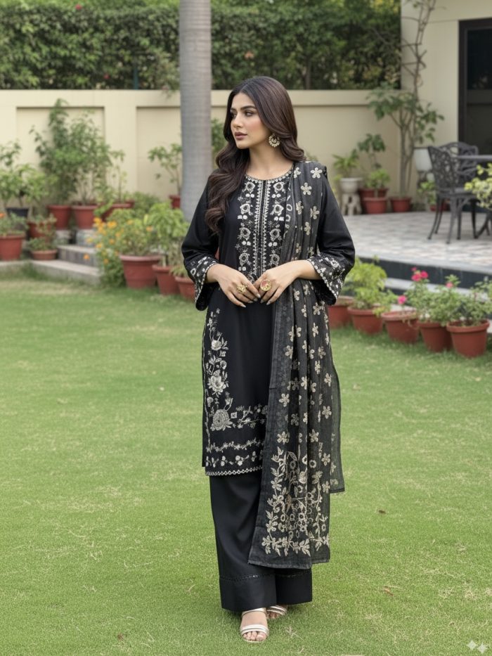 Floral Embroidered 3-Piece Cotton Dress - Image 2