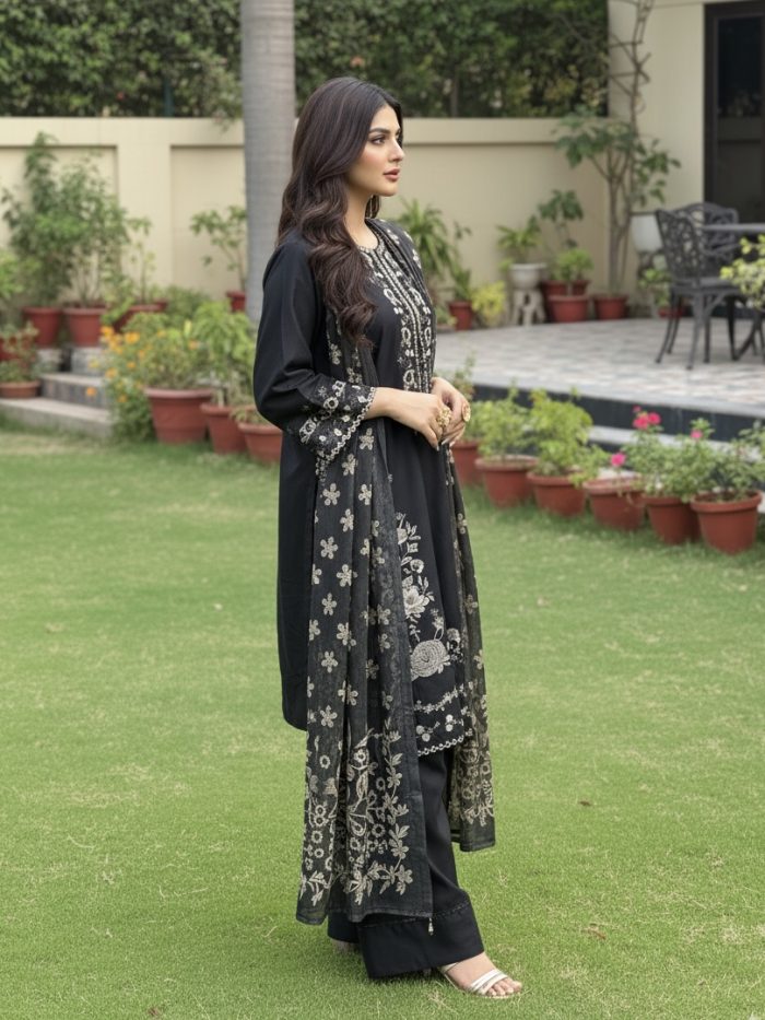 Floral Embroidered 3-Piece Cotton Dress - Image 3