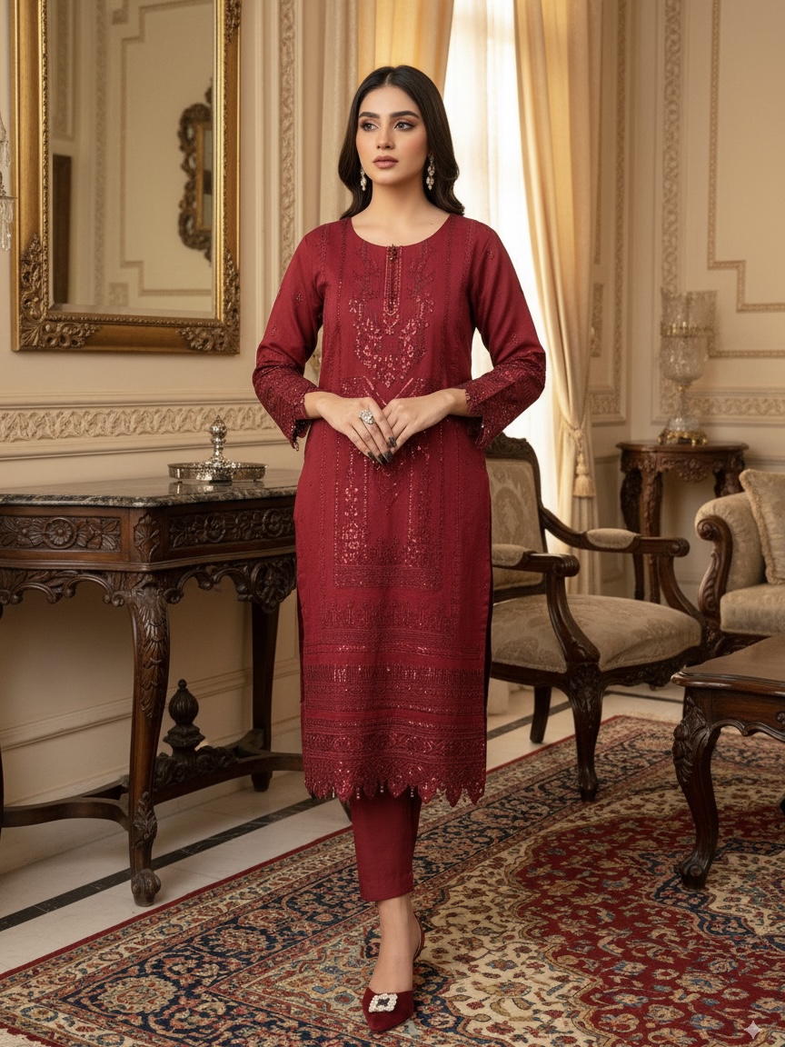 Luxury Embroidered Khaadi Masoori 3-Piece With Printed Dupatta Dress