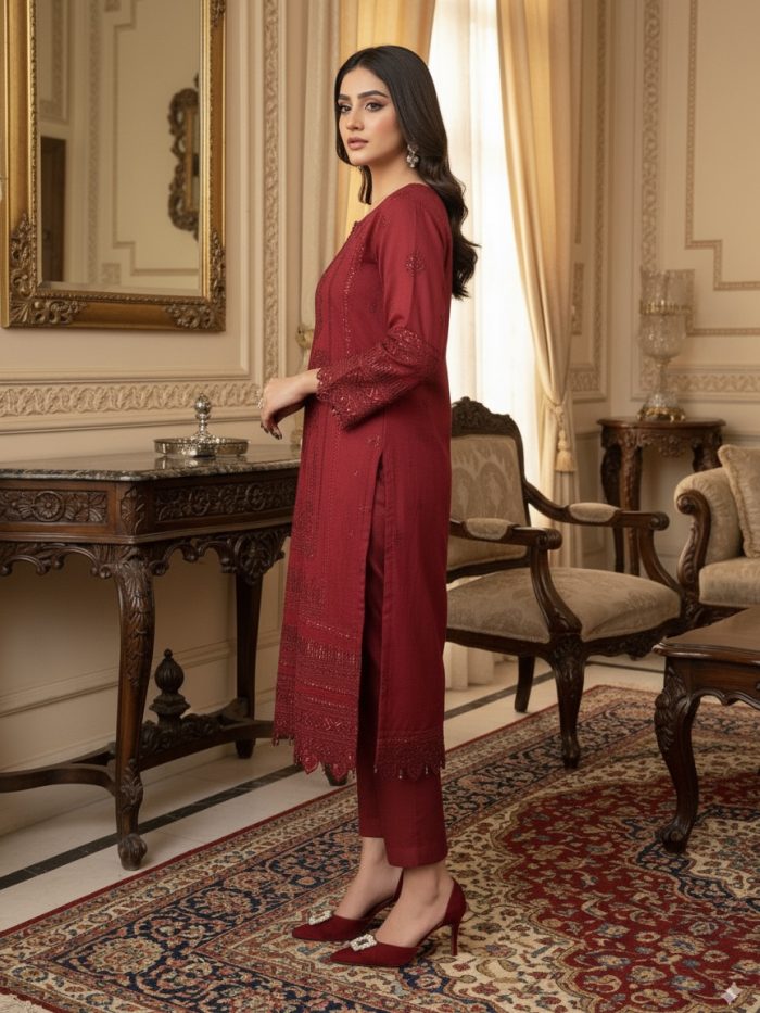 Luxury Embroidered Khaadi Masoori 3-Piece With Printed Dupatta Dress - Image 2