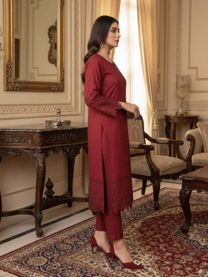 Luxury Embroidered Khaadi Masoori 3-Piece With Printed Dupatta Dress - Image 3