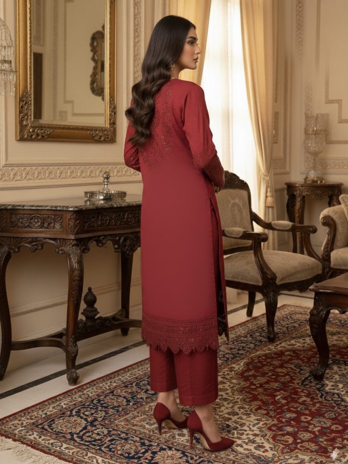 Luxury Embroidered Khaadi Masoori 3-Piece With Printed Dupatta Dress - Image 4