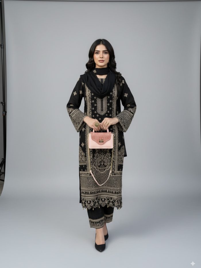 Embroidered Black Chiffon 3-Piece With Dupatta Dress