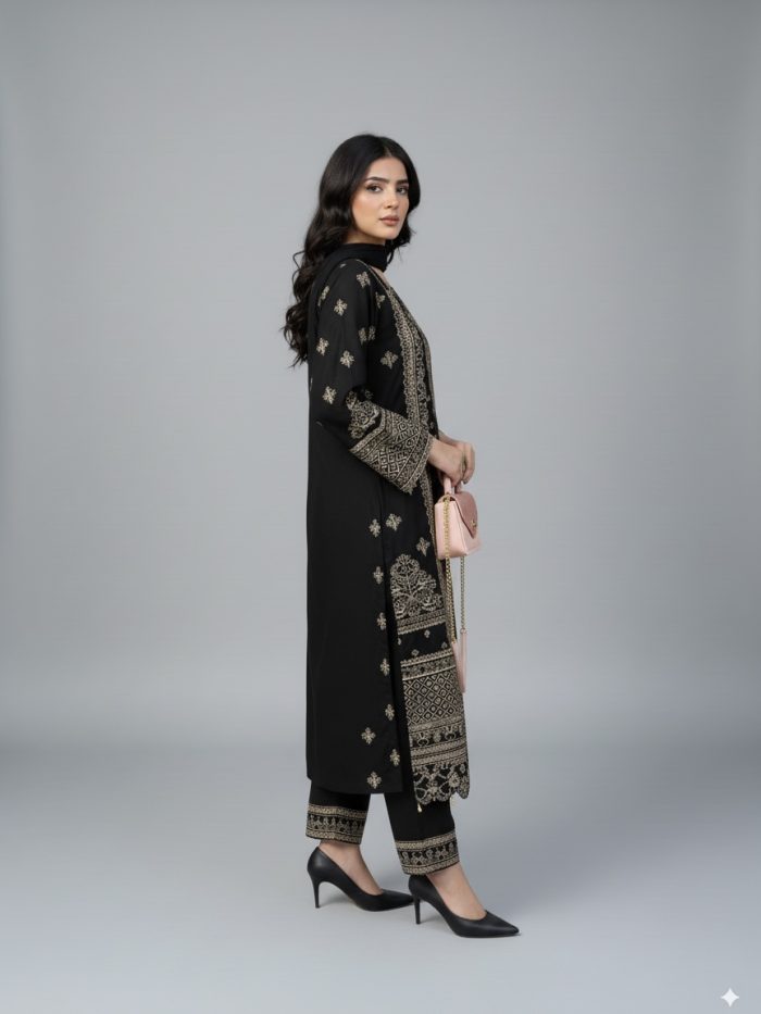 Embroidered Black Chiffon 3-Piece With Dupatta Dress - Image 2