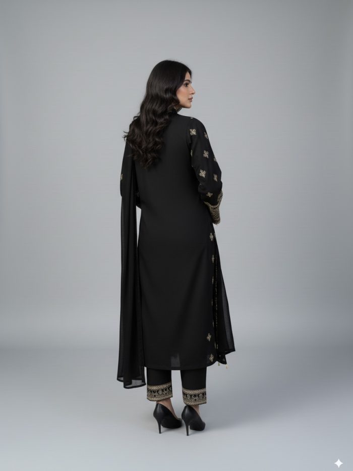 Embroidered Black Chiffon 3-Piece With Dupatta Dress - Image 3