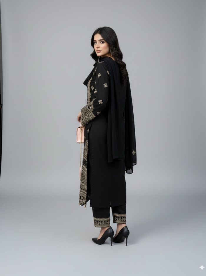 Embroidered Black Chiffon 3-Piece With Dupatta Dress - Image 4