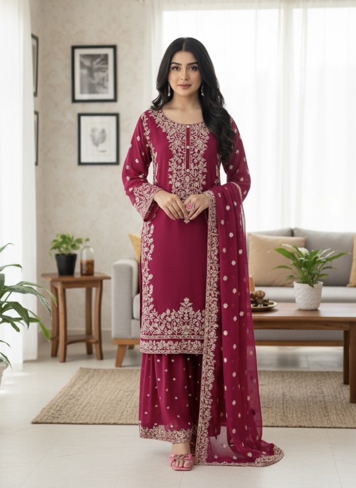 Embroidered Crinkle Chiffon 3-Piece Sharara Dress