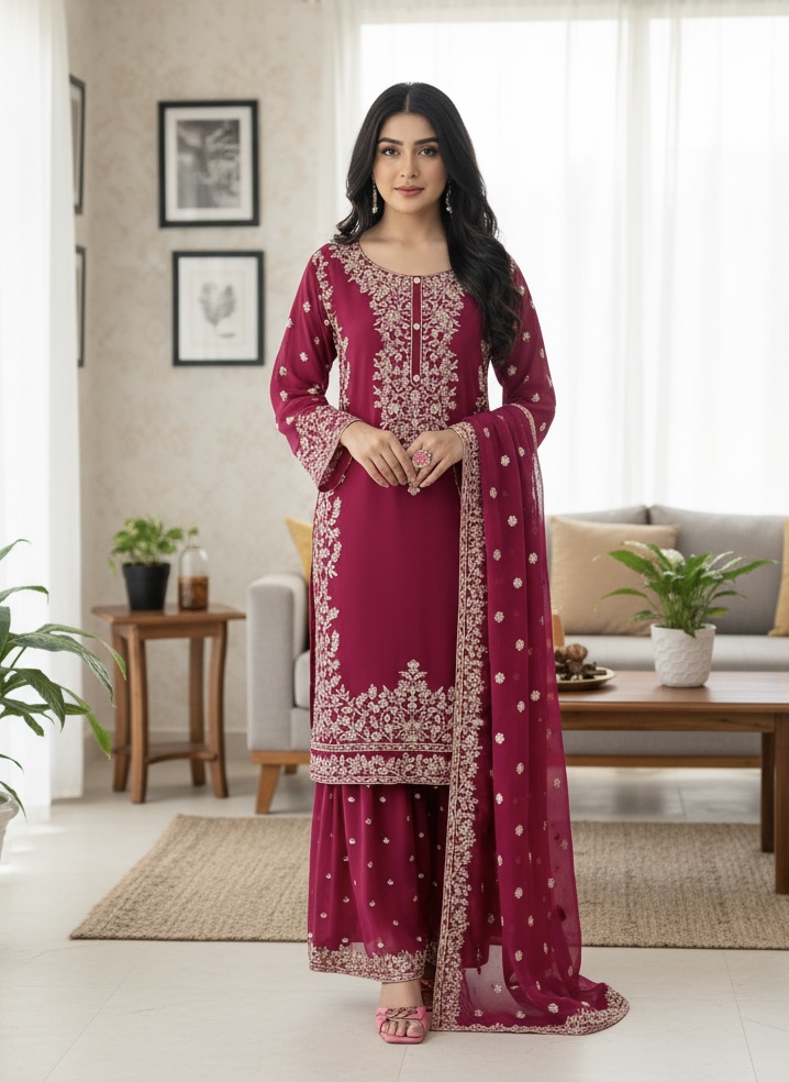 Embroidered Crinkle Chiffon 3-Piece Sharara Dress
