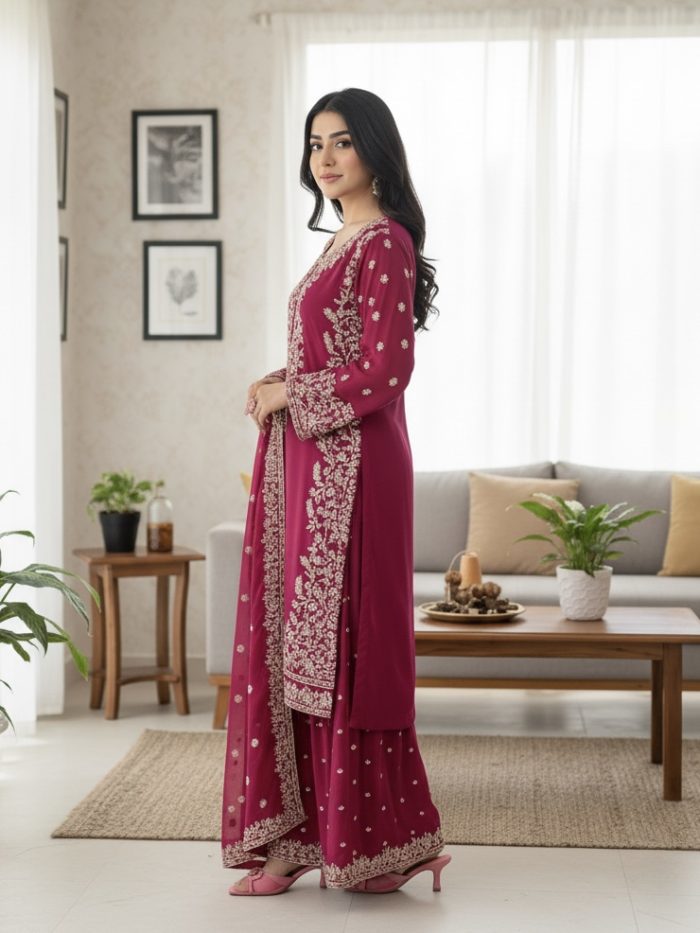 Embroidered Crinkle Chiffon 3-Piece Sharara Dress - Image 2