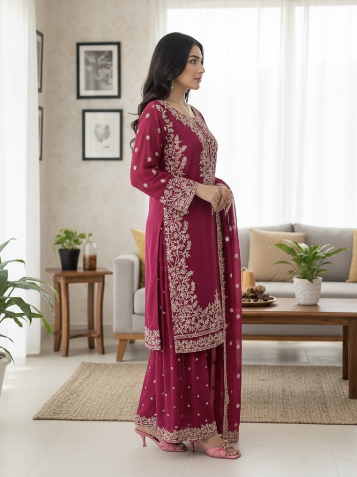 Embroidered Crinkle Chiffon 3-Piece Sharara Dress - Image 3
