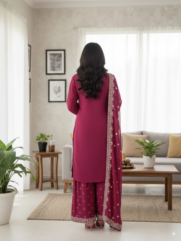 Embroidered Crinkle Chiffon 3-Piece Sharara Dress - Image 4