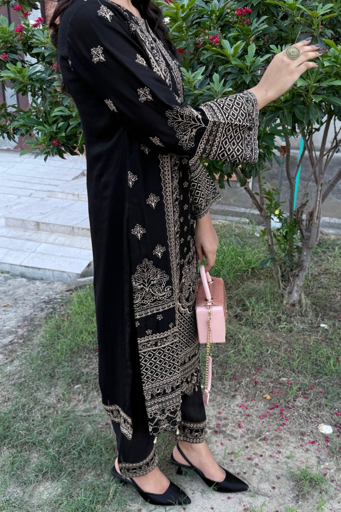 Embroidered Black Chiffon 3-Piece With Dupatta Dress - Image 4