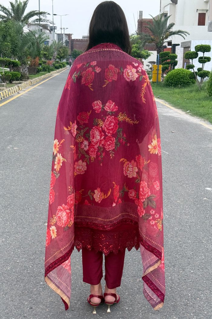 Luxury Embroidered Khaadi Masoori 3-Piece With Printed Dupatta Dress - Image 6
