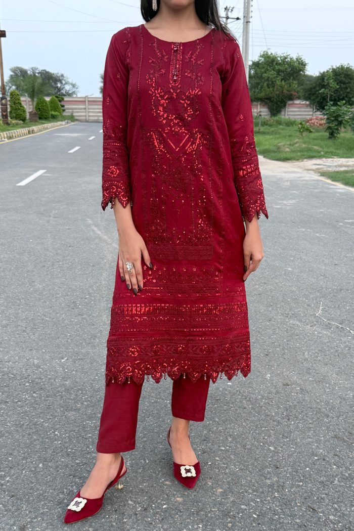 Luxury Embroidered Khaadi Masoori 3-Piece With Printed Dupatta Dress - Image 3