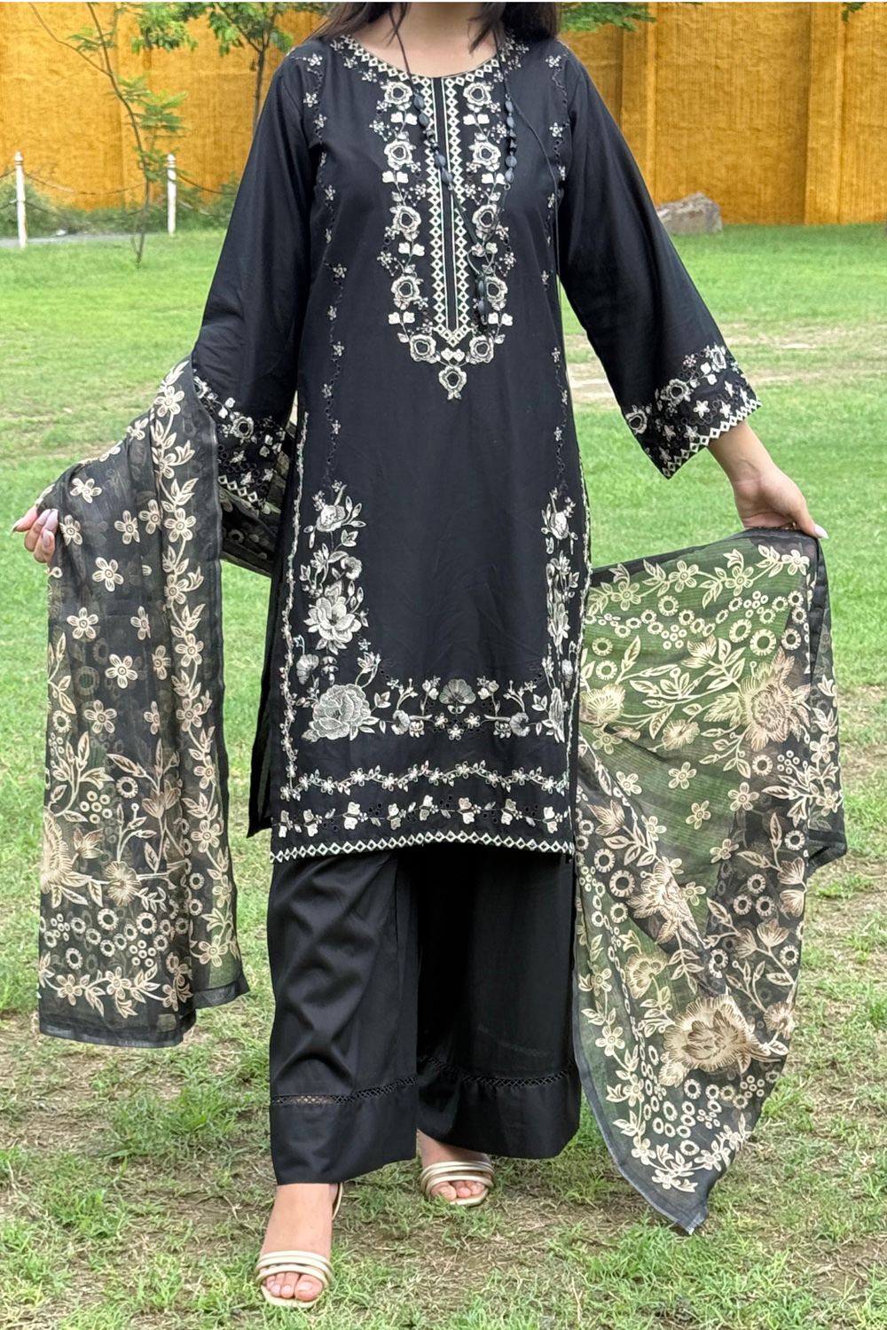 Floral Embroidered 3-Piece Cotton Dress