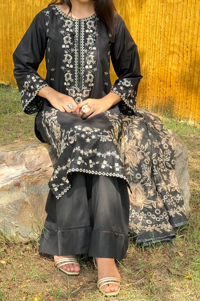 Floral Embroidered 3-Piece Cotton Dress - Image 3