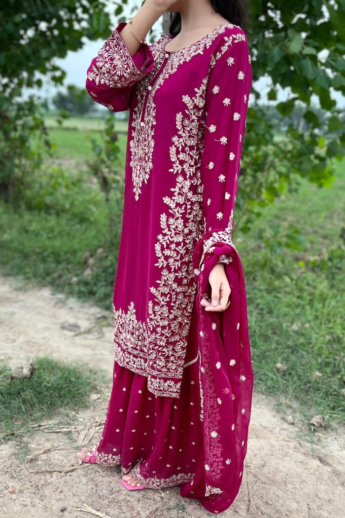 Embroidered Crinkle Chiffon 3-Piece Sharara Dress - Image 2