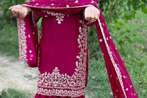 Embroidered Crinkle Chiffon 3-Piece Sharara Dress