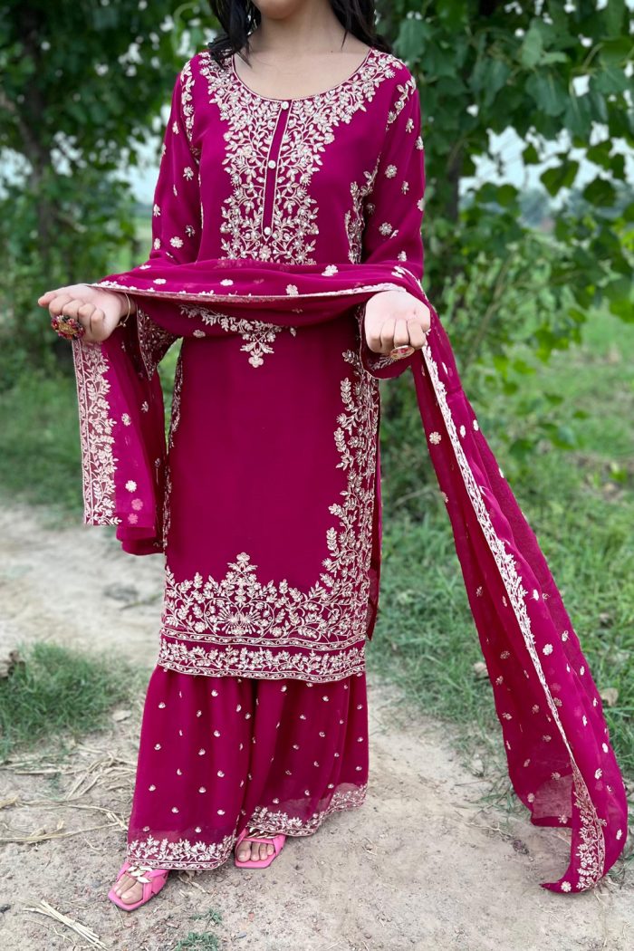 Embroidered Crinkle Chiffon 3-Piece Sharara Dress