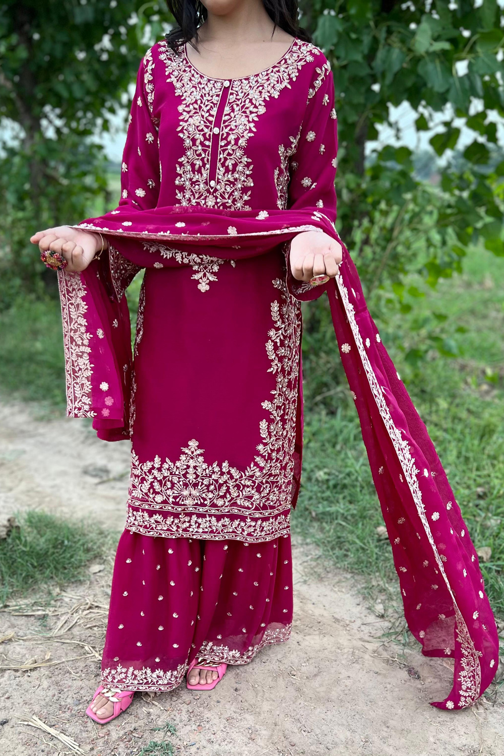 Embroidered Crinkle Chiffon 3-Piece Sharara Dress