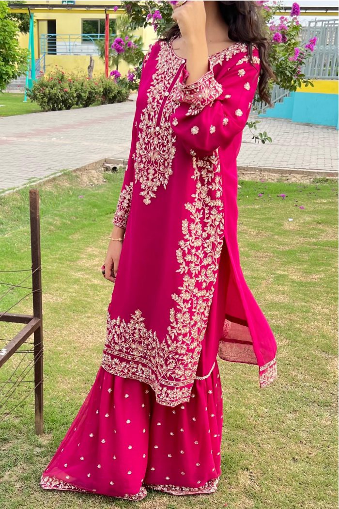 Embroidered Crinkle Chiffon 3-Piece Sharara Dress - Image 3
