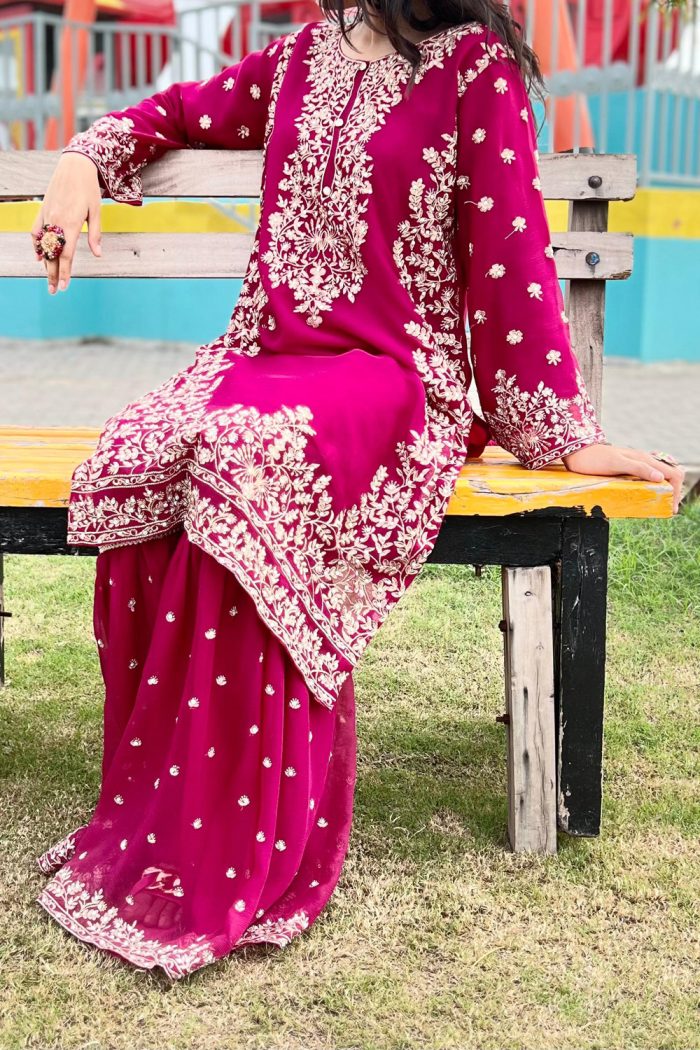 Embroidered Crinkle Chiffon 3-Piece Sharara Dress - Image 4
