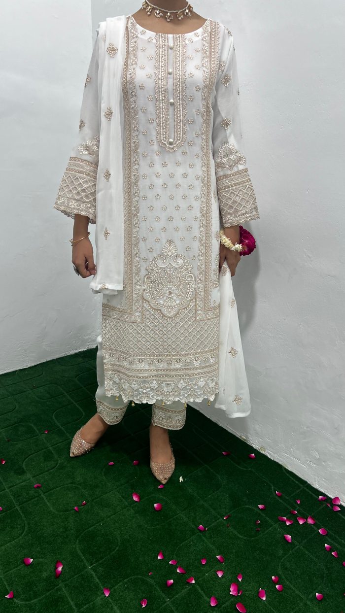 Embroidered Off White Chiffon 3-Piece With Dupatta Dress