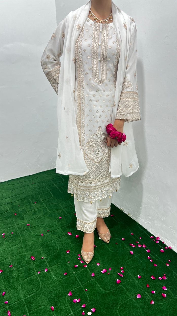 Embroidered Off White Chiffon 3-Piece With Dupatta Dress - Image 5