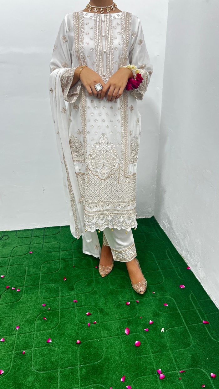 Embroidered Off White Chiffon 3-Piece With Dupatta Dress - Image 4