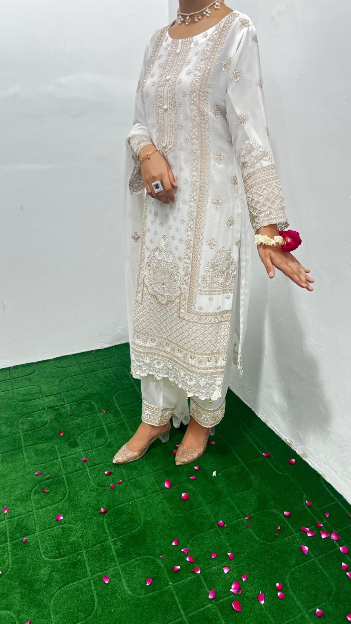 Embroidered Off White Chiffon 3-Piece With Dupatta Dress - Image 3