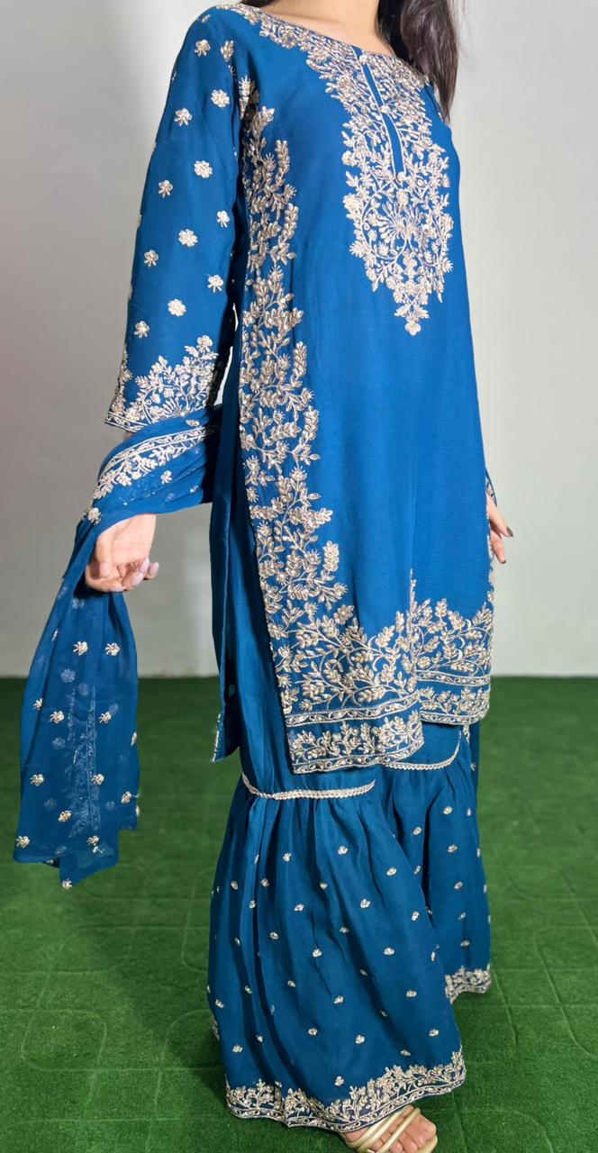 Embroidered Crinkle Chiffon 3-Piece Sharara Dress