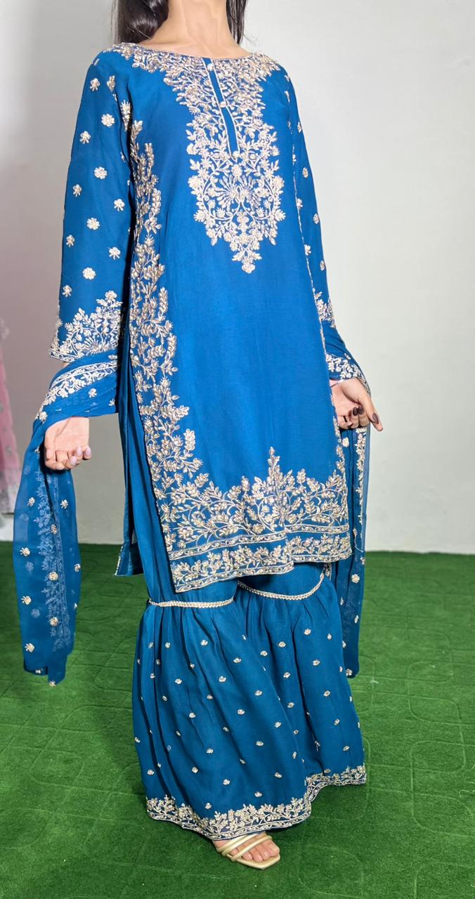 Embroidered Crinkle Chiffon 3-Piece Sharara Dress