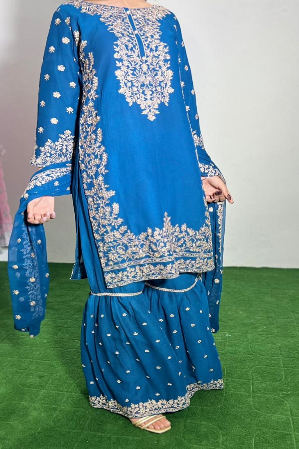 Embroidered Crinkle Chiffon 3-Piece Sharara Dress