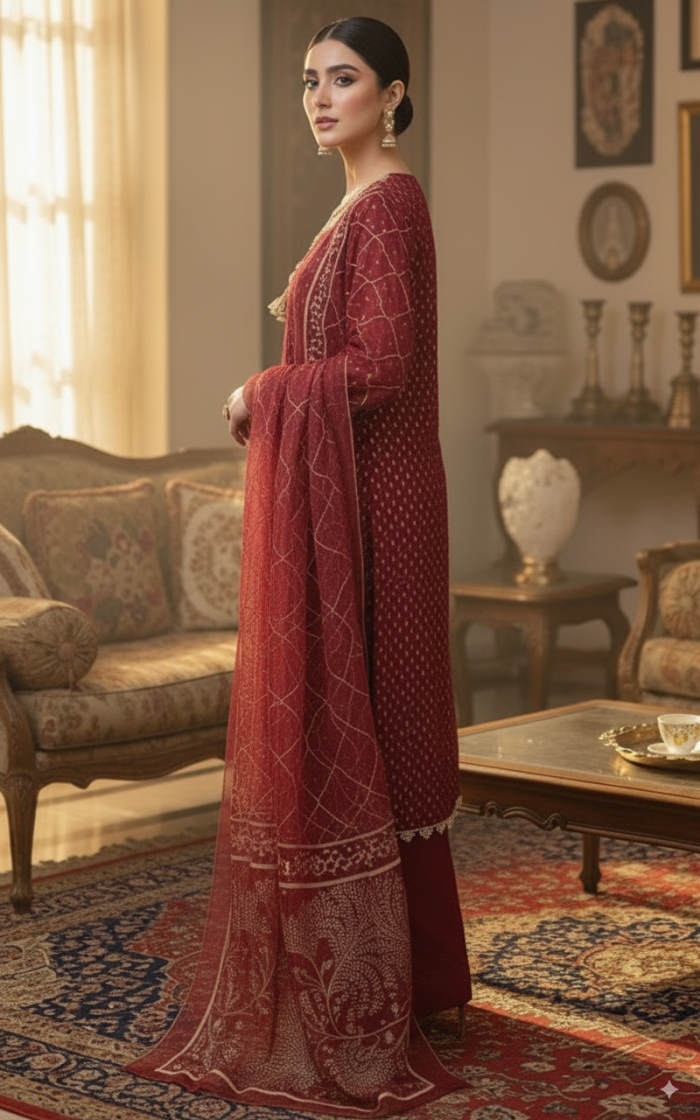 Embroidered Crinkle Chiffon Full Heavy Shirt With Plazo - Image 2